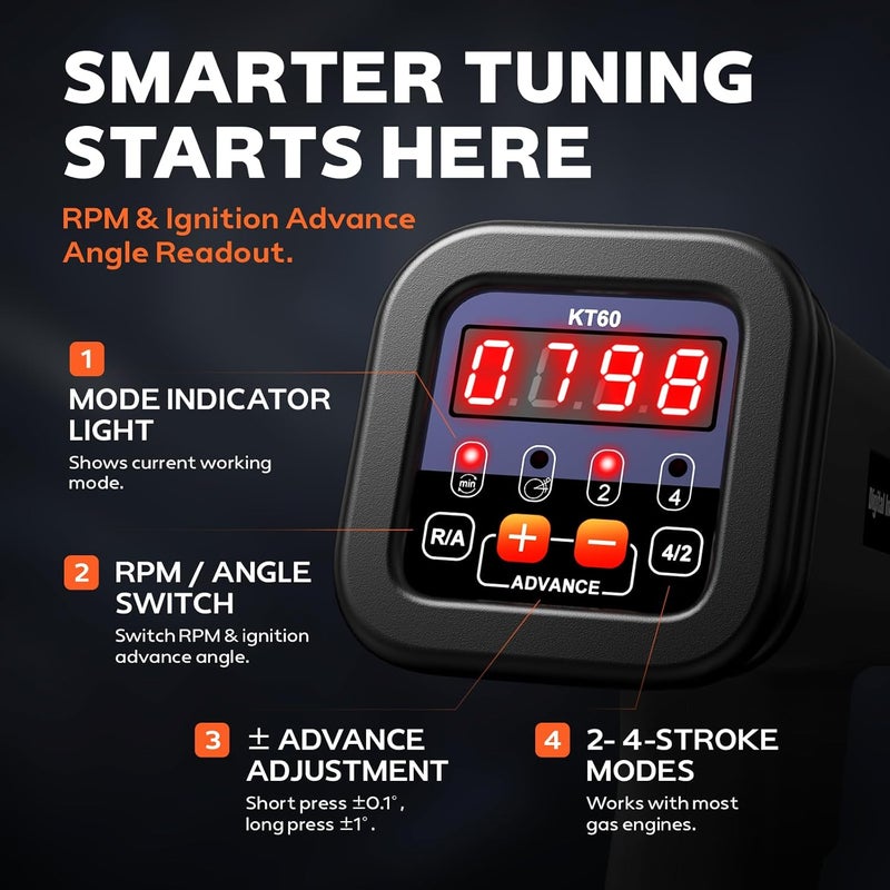 KZYEE Store مصباح توقيت رقمي KT60 مع RPM وزاوية متقدمة، مسدس توقيت إشعال تحريضي 12V للسيارات المزودة بموزع الوقود - Image 2